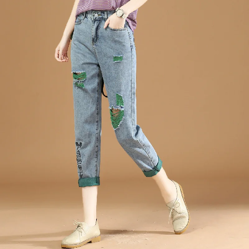 NiDELL Ripped Denim Pants Women's Loose Slimming . Spring and Summer New Embroidery Cropped Harem Pants Pt007