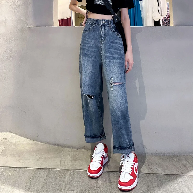 NiDELL Stitching Ripped Jeans for Women Ins Trendy Spring and Autumn High Waist Petite Pants Design Loose Straight Harem Pants