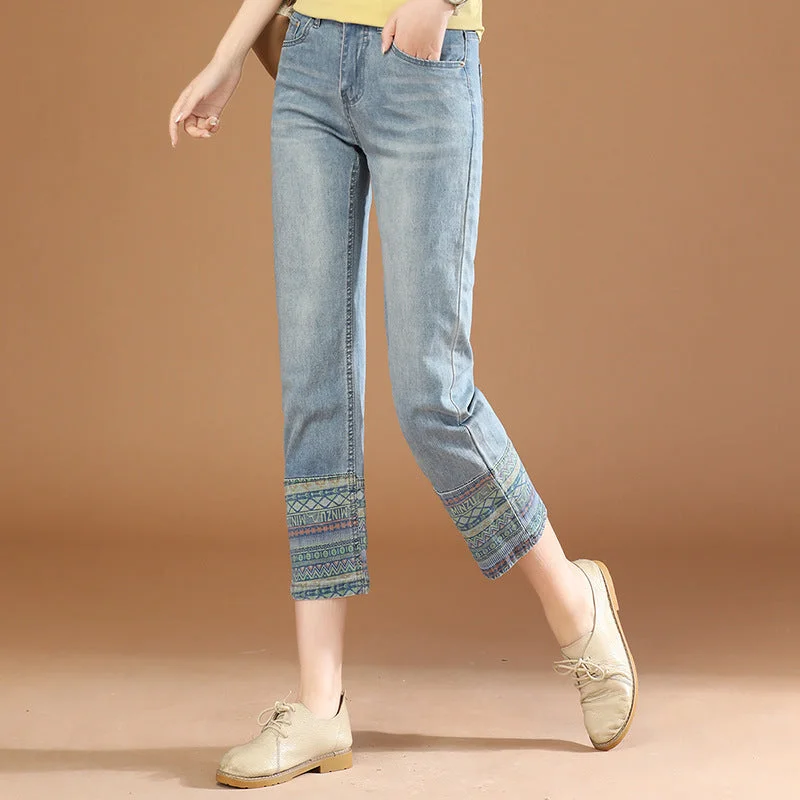 NiDELL Washed Cropped Jeans for Women . Summer New Ethnic Print Design Sense Cigarette Pants Thin Pt0395