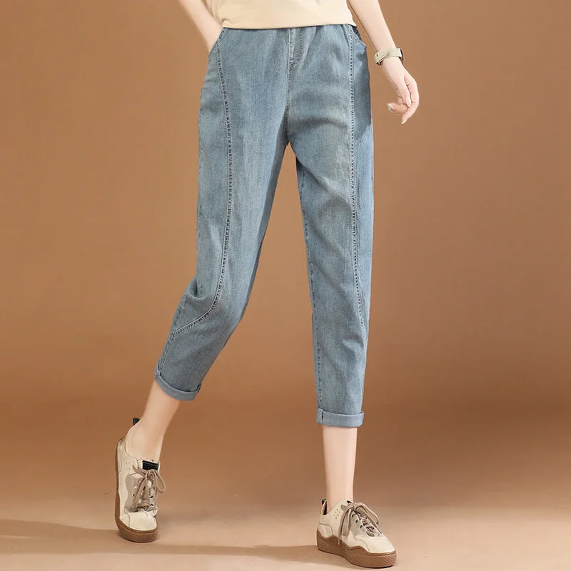 NiDELL Washed Elastic Waist Casual Denim (Ankle-Length Pants) . Summer New Loose Slimming Ankle-Tied Harem Pants Pt0724