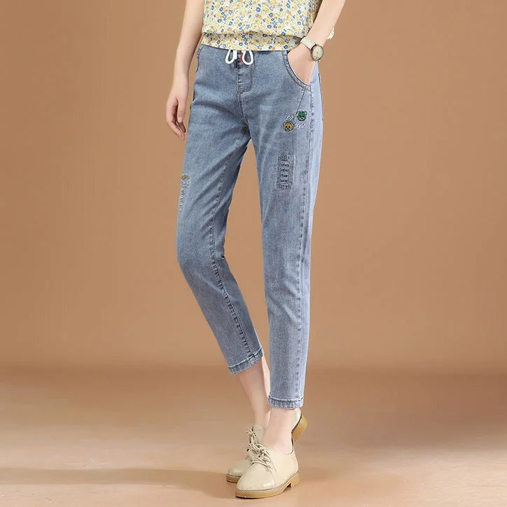 NiDELL Washed Light Elastic Waist Women's Jeans . Summer New Cartoon Cropped Embroidered Pants Thin Pt6192