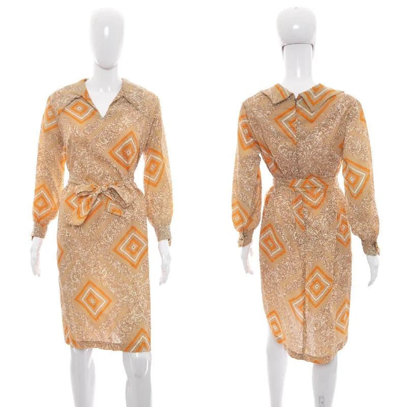 1960's Tan and Orange Geometric and Paisley Print Dress Size L