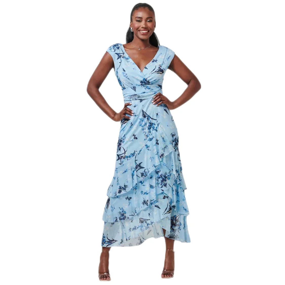 Jolie Moi Light Blue Floral Frill Hem Dress