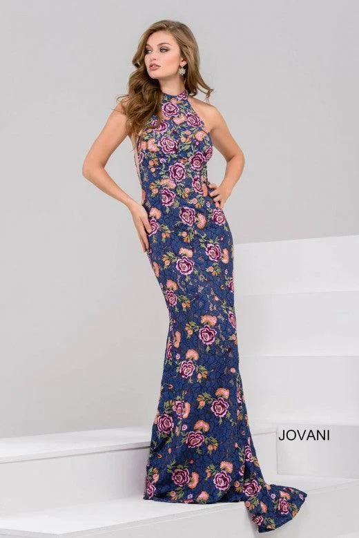 Jovani 50655 Long Formal Floral Print Halter Dress