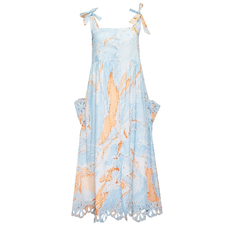 Marble Print Tie Shoulder Dress w/cut out Embro Blue/Peach