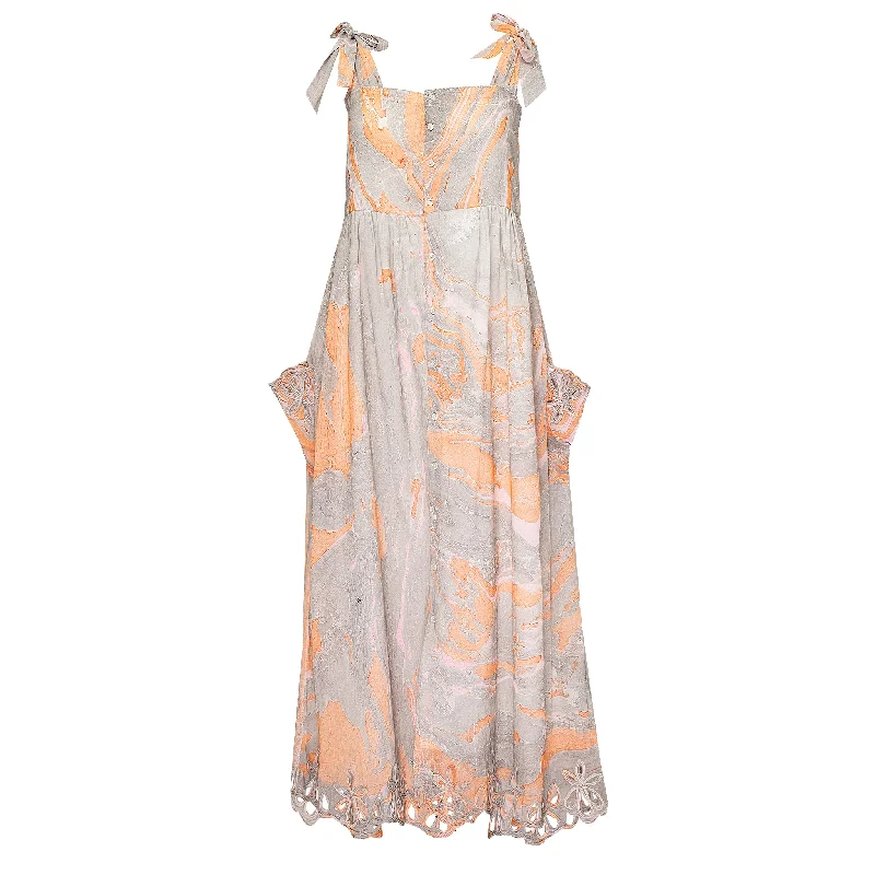 Marble Print Tie Shoulder Dress w/cut out Embro Pink/Peach