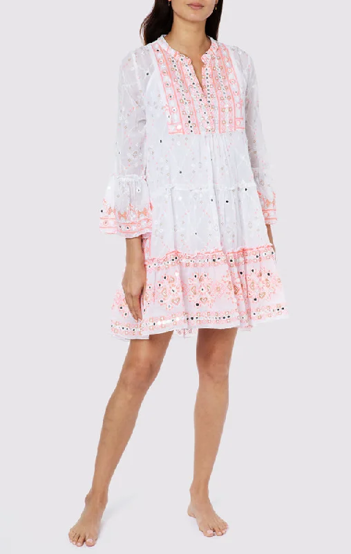 Mosaic Print Flared Sleeve Dress with Mirror Embroidery White Coral Gold