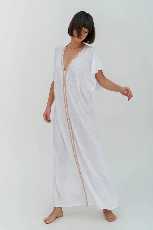 Soft Beach Kaftan - Pima Abaya White With Pink Trim