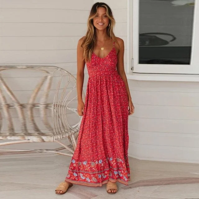 Floral Print Spaghetti Strap Boho Dress