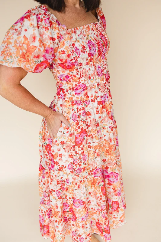 Sunset Hue Floral Puff Sleeve Dress