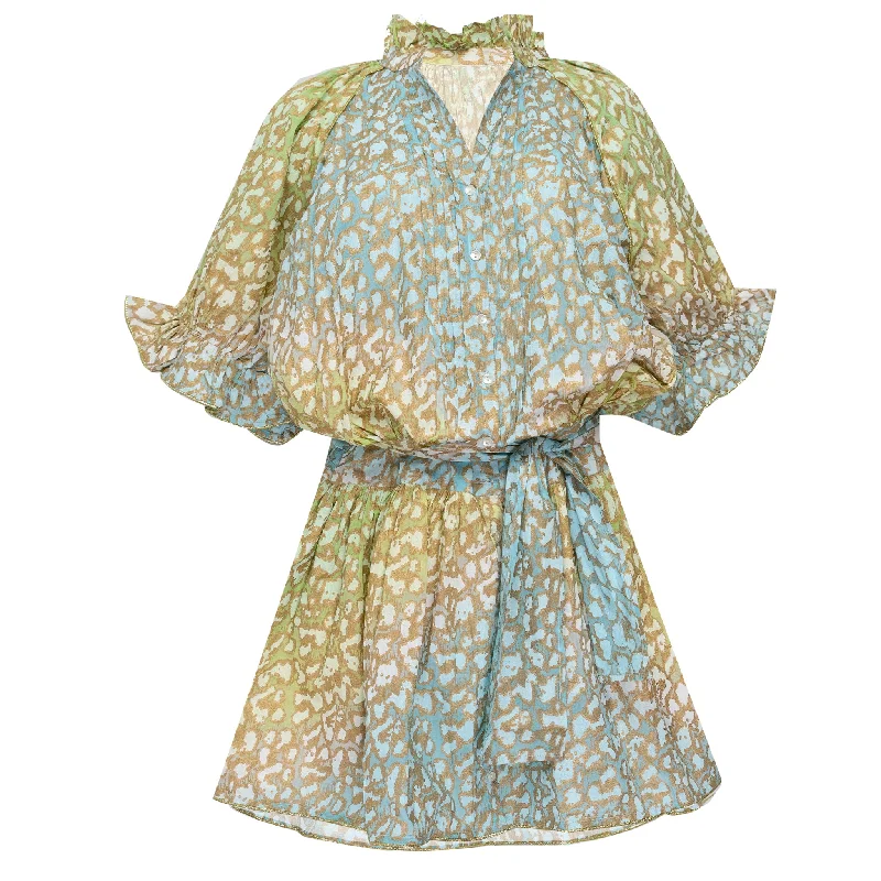 Tie Dye Blouson Dress With Snow Leopard Print Green Lime/Turq