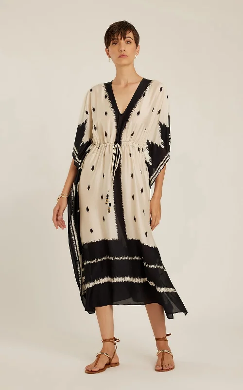 V Neckline Kaftan Black Ikat