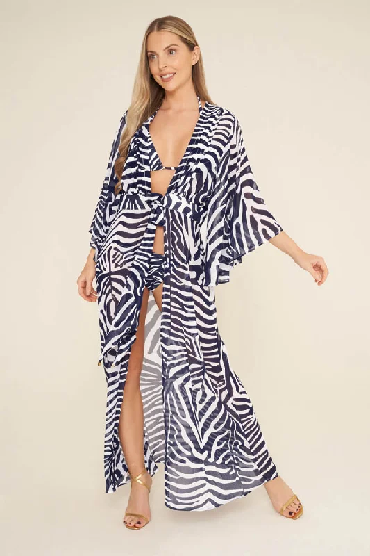 Zebra Print Beach Cover Up in Navy Blue