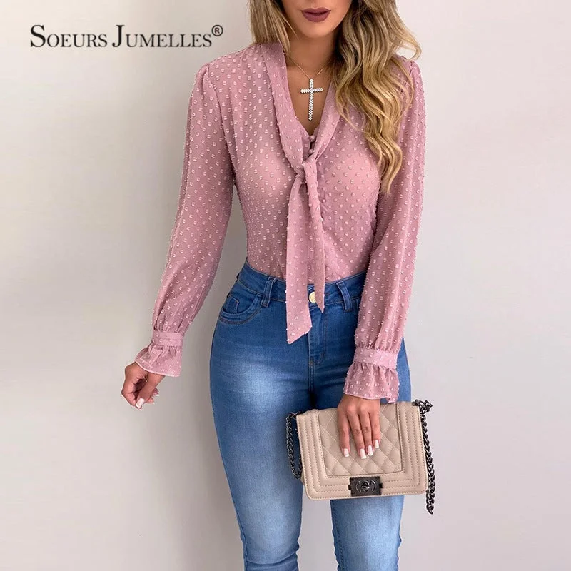 Women Blouse Tops Fashion Dot V-Neck Elegant Slim Casual Shirt Thin Office Ladies Chiffon Long Sleeve Summer Female Tops YF01976