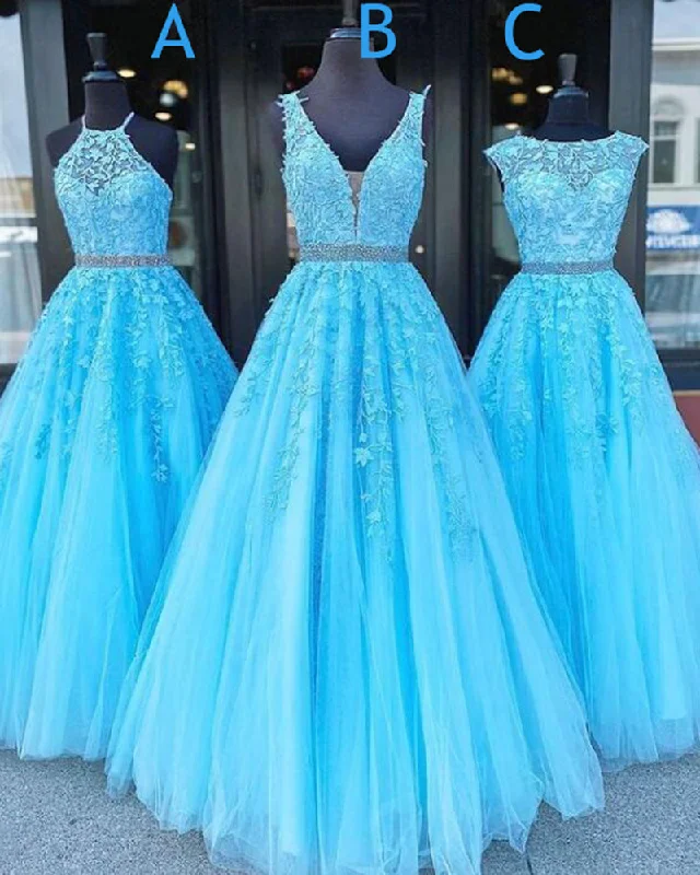 Aqua Blue Lace A Line Prom Dresses Girls Long Formal Gown with Beading Belt Vestido PL01212