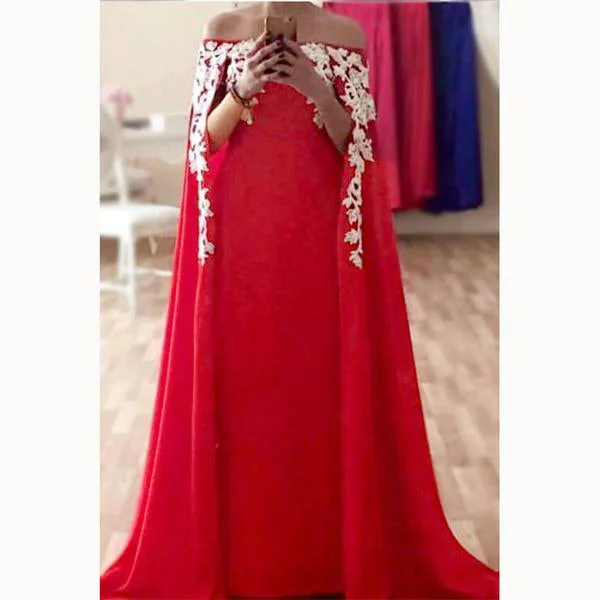 red Arabic Appliqued Lace Long Evening Dresses 2018 Formal Prom Gown With Cape vestido longo de festa