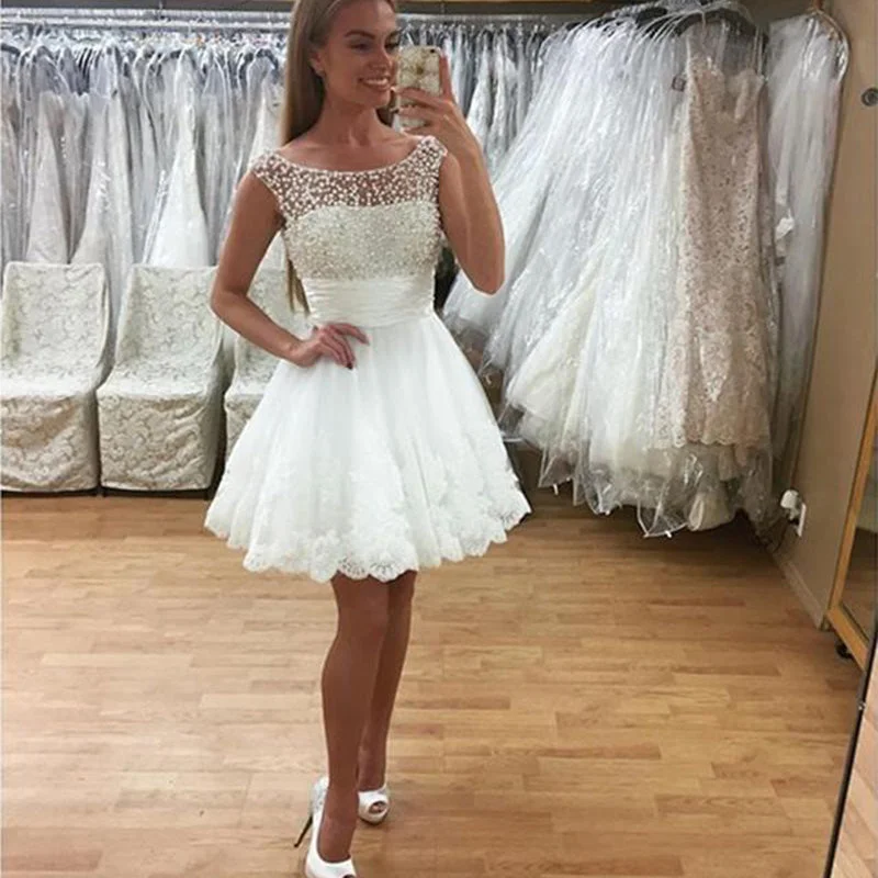 Fabulous White Prom Dress Short Lace Pearl Homecoming Dresses mezuniyet elbiseleri