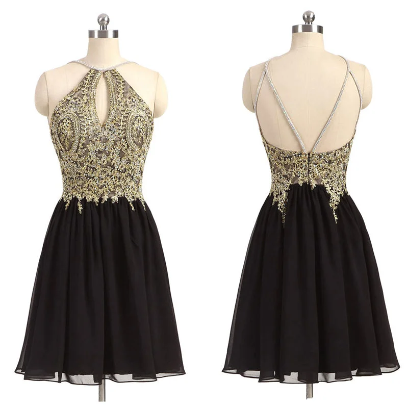 Gold and Black Homecoming Dress Lace Appliqued Short Graduation Gown ,Halter Hoco Dresses,Little Black Dresses,Short Prom Dresses