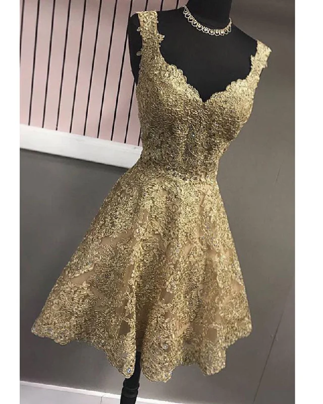 Gold Lace Homecoming Dress 8th grade Graduation Gown with Straps Vestido De Festa Curto