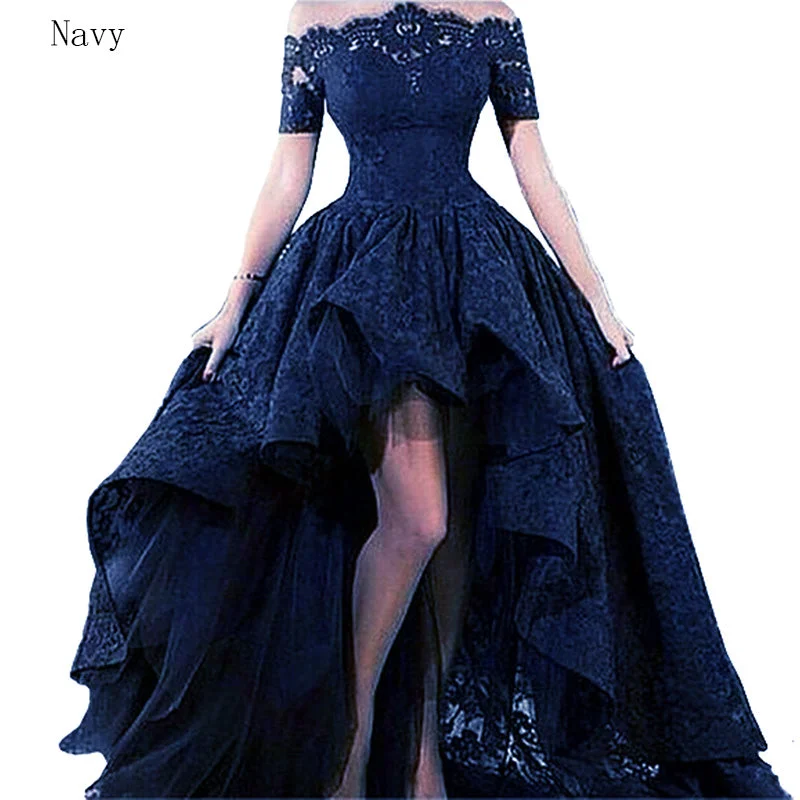 Gorgeous LP1121 Lace Prom Dress Short Sleeve Formal High Low Evening dress 2022 Off The Shoulder Vestido De Festa