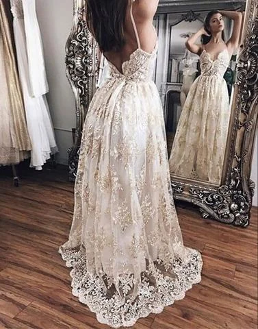 ivory lace long v-neck spaghetti straps prom dress , PD1288