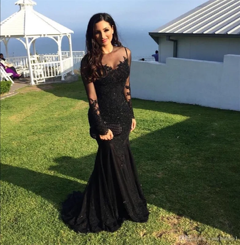 lace long sleeves mermaid black long v-neck backless formal prom dress, PD1266