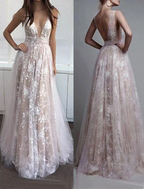 lace long v-neck prom dresses, BD490