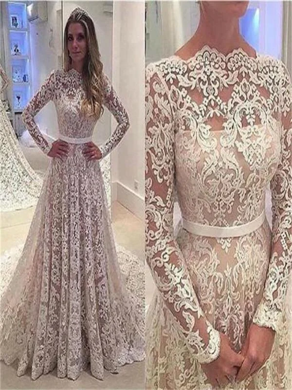 lace prom dress, long prom dress, A-line prom dress, long sleeves prom dress, evening gown , BD480