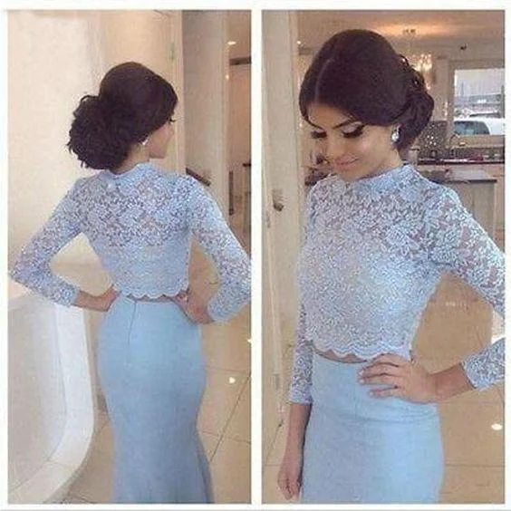 light blue prom dress, long prom dress, two pieces prom dress, long sleeves evening dress, lace prom dress, BD373