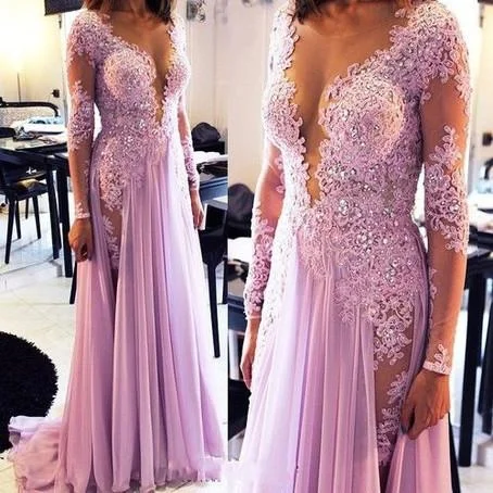 Lilac long lace sexy v-neck long sleeves prom dress with side slit, PD6777