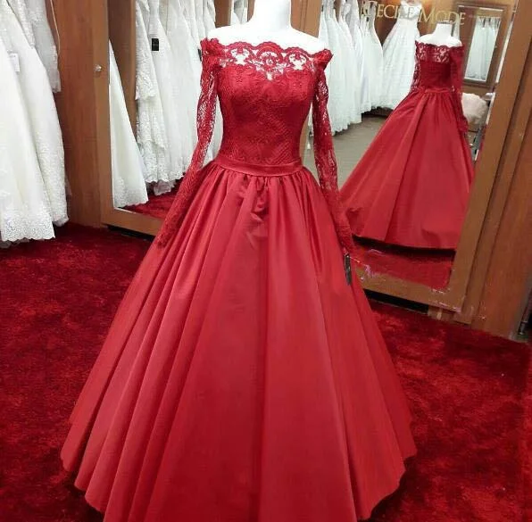 Long sleeves red A-line long off shoulder lace top prom dress, PD5672