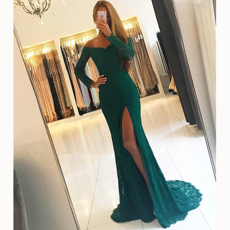 LP3352 Dark Green Lace Prom Dress off the Shoulder Formal Long Evening Gown with Sexy Slit fitted formal wear