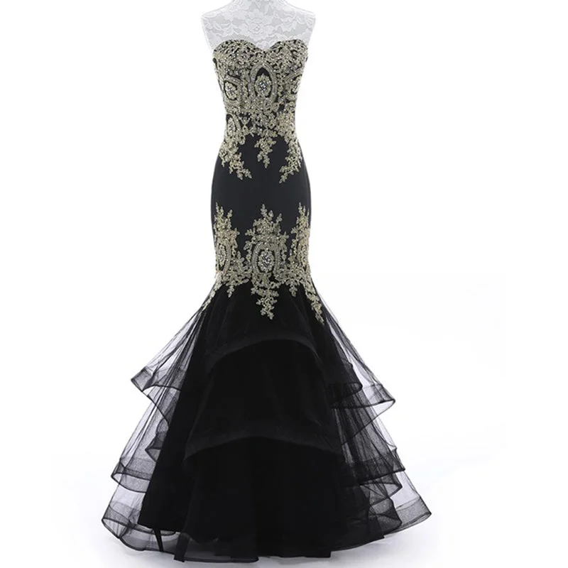 LP3359 Mermaid Black Prom Dress with Gold Lace Appliqued Evening Long Gown for Women 2018