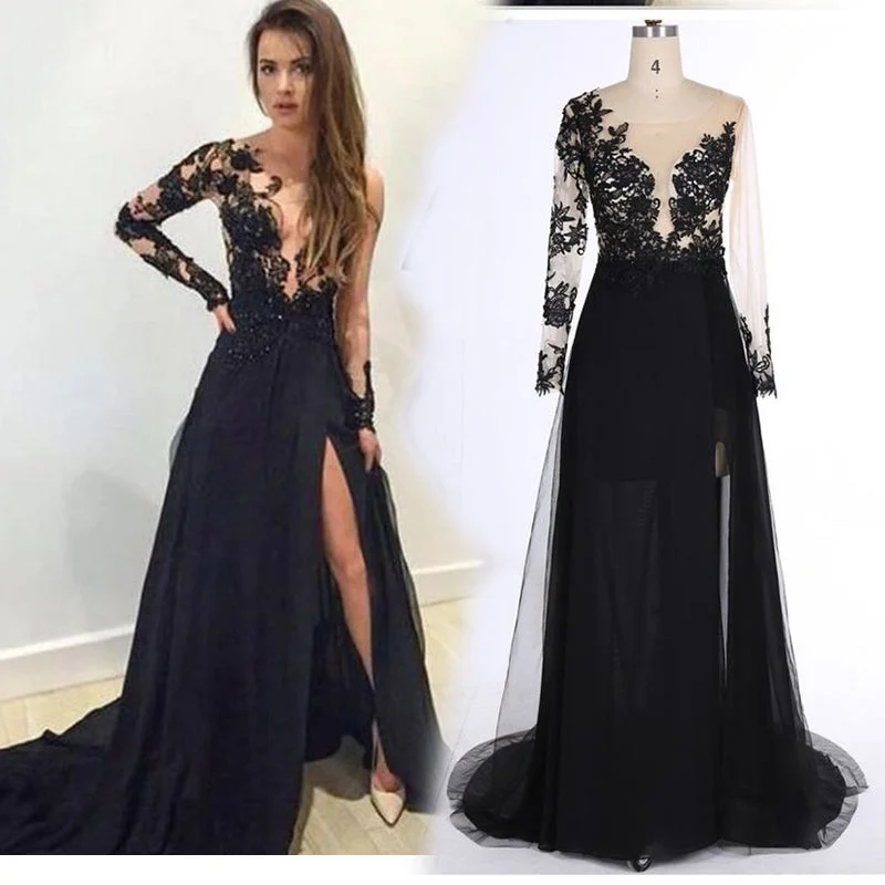 LP3380 Long Sleeves See through Black Lace Evening Dresses 2022 Sexy Slit Formal Prom Gown