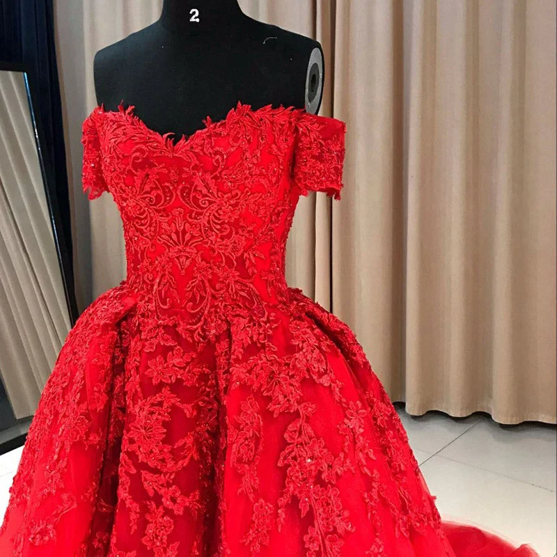 LP5536 Red Prom Dresses Long lace Appliqued off the Shoulder Evening Formal Gowns Court  Train