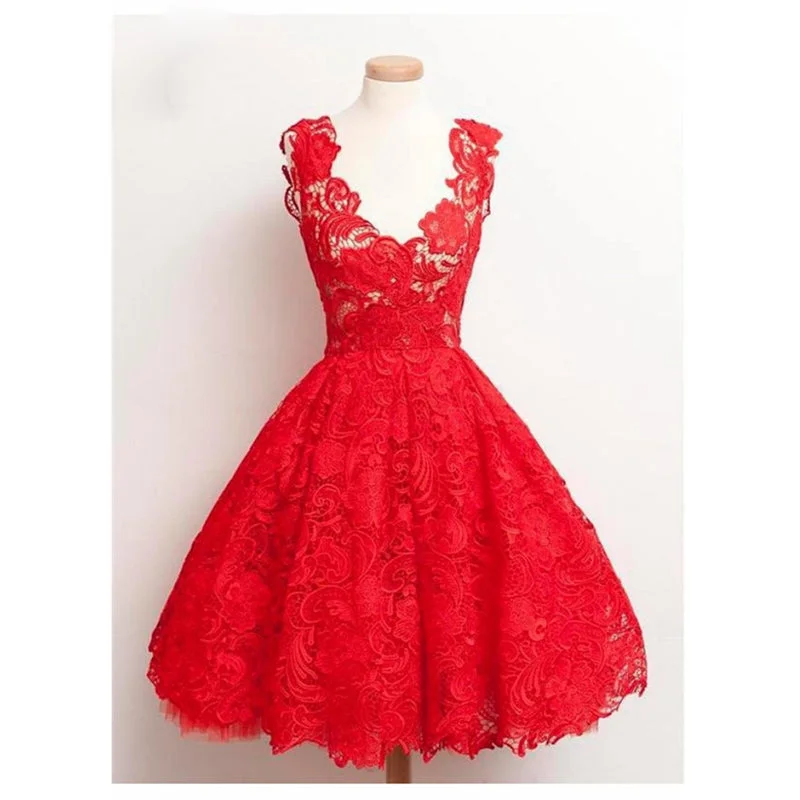 New Lace Homecoming Dresses Appliques Tea Length V-Neck A-Line Short  Girls Graduation Gown