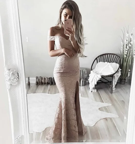 off shoulder lace mermaid long side slit prom dress, PD1404