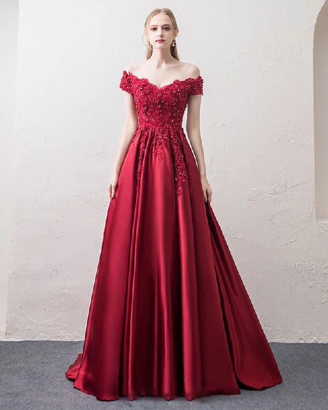 Off Shoulder Wine Red A Line Satin Long Formal Dresses Prom Gown with Lace PL3390