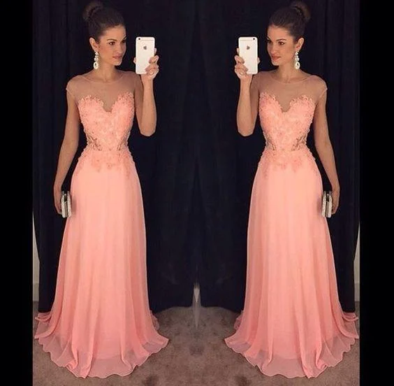 peach lace appliques scoop chiffon long elegant formal prom dress, PD3014