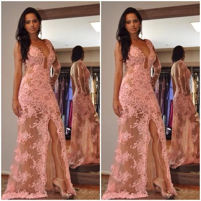 pink lace one shoulder sexy see through side slit long prom dress, PD815