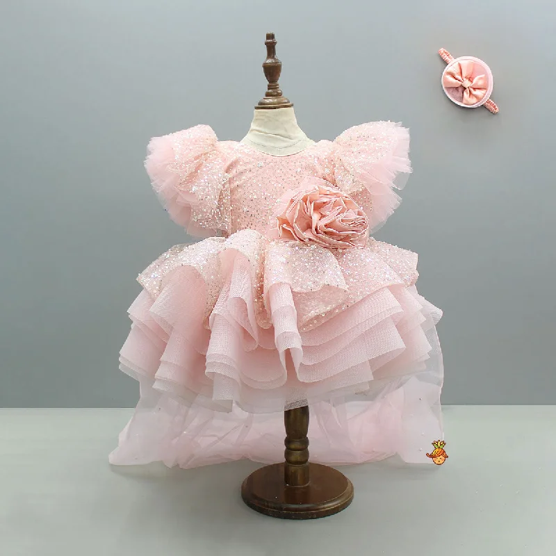 Pre Order: Peach Sequin Embellished Dress Featuring A Detachable Trail And Bow With Swirled Bow Headband