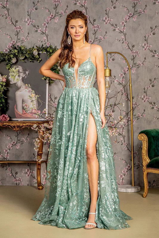 Sequin Print Sleeveless A-line Slit Gown by GLS Gloria GL3254