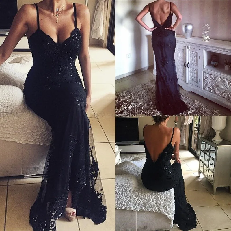 spaghetti straps mermaid black lace long side slit evening prom dress, PD1476