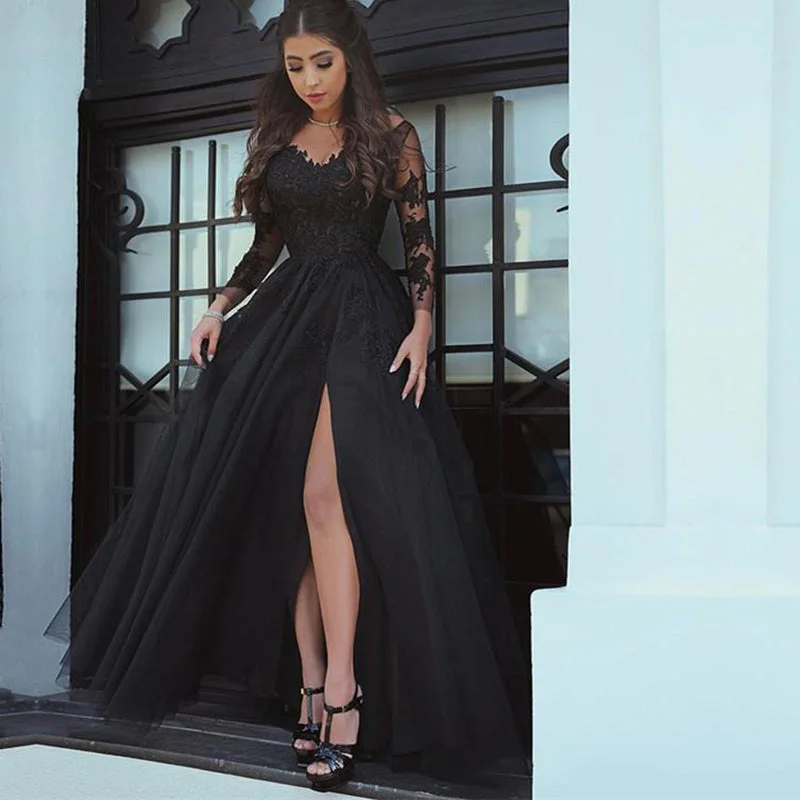 Stunning Black Lace Evening Dress Women Prom Dress with Split Leg avondjurken gala jurken