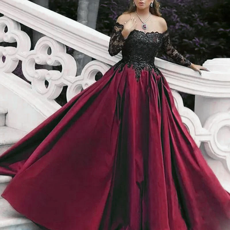 Stunning Burgundy Women Formal Evening Gown Off the Shoulder Long Sleeves satin A Line Lace Prom Dresses