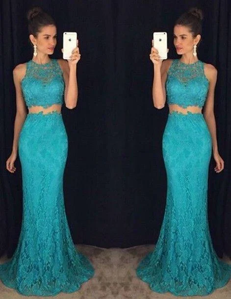 turquoise prom dress, long prom dress, two pieces prom dress, lace evening dress, mermaid prom dress, BD405