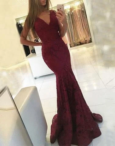 v-neck mermaid burgundy lace long evening dress, PD7683